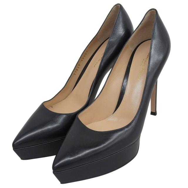 美品▲Gianvito Rossi ジャンヴィト ロッシ ポインテッドトゥ プラットフォーム レザー パンプス ブラック 38 イタリア製 レディース