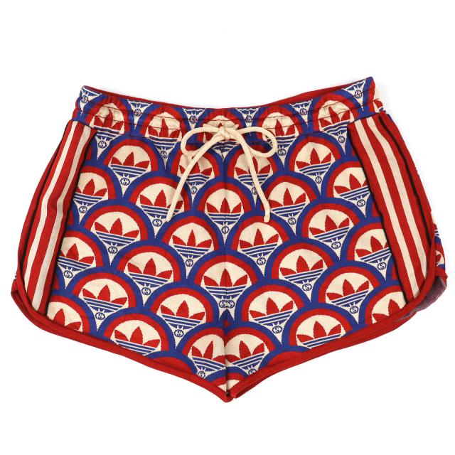 極美品△GUCCI adidas グッチ×アディダス 702873 トレフォイル ジャカード ショートパンツ レッド ブルー ベージュ L イタリア製 正規品