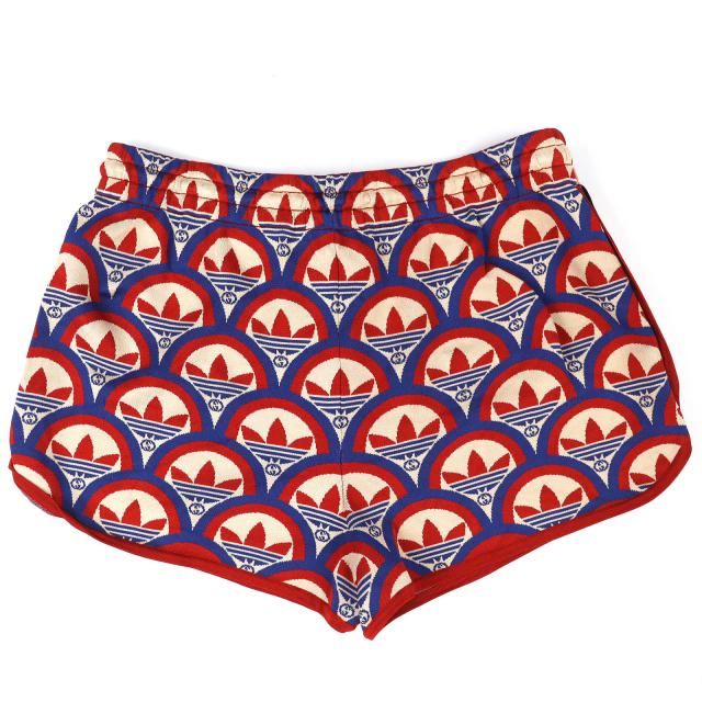 極美品△GUCCI adidas グッチ×アディダス 702873 トレフォイル ジャカード ショートパンツ レッド ブルー ベージュ L イタリア製 正規品_1