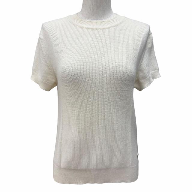 美品★HERMES エルメス 24SS 4E2600D1 カシミヤ100％ ロゴ金具付 クルーネック 半袖ニット アイボリー 38 英国製 レディース