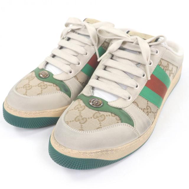 未使用品□GUCCI グッチ 570443 スクリーナー GGキャンバス レザー ウェブストライプ ヴィンテージ加工 スニーカー ミュール 8.5 伊製