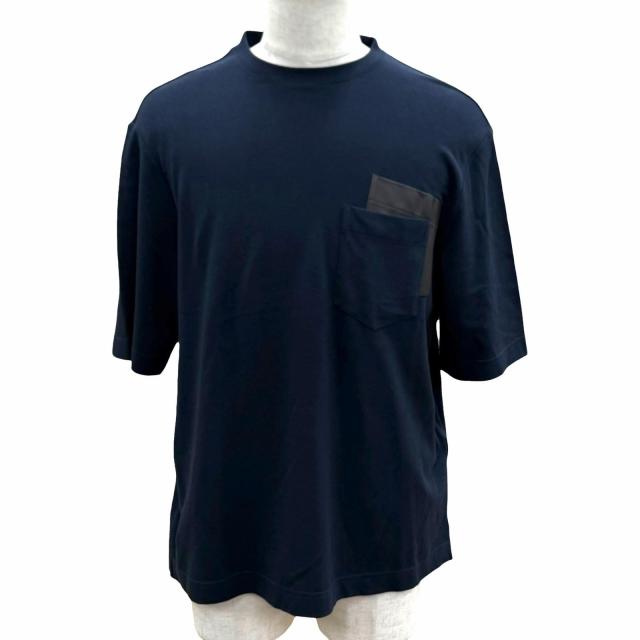 極美品▼HERMES エルメス 467970HA カシミヤ混 レザーポケット クルーネック ショートスリーブ 半袖Ｔシャツ ネイビー M 正規品 メンズ