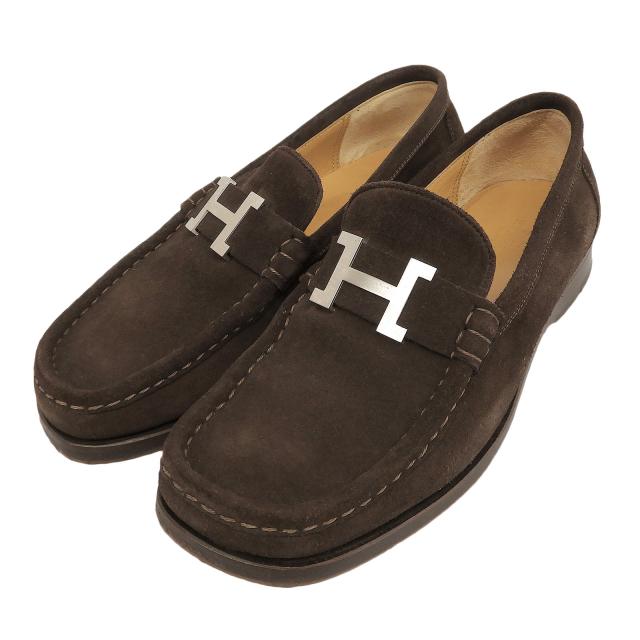 美品▲HERMES エルメス コンスタンス シルバー金具 H金具 スウェードレザー ローファー フラットシューズ 茶 36 イタリア製 レディース