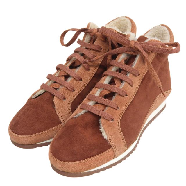 極美品▲Loro Piana ロロピアーナ ロゴ刻印入り レースアップ ムートン ボアスニーカー ブラウン 36 イタリア製 レディース
