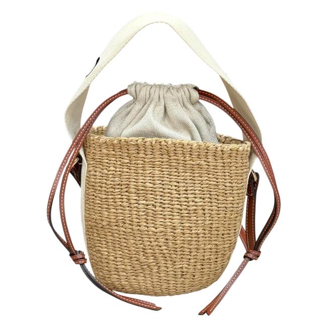 極美品★Chloe クロエ CHC22SS381G55101 WODDY スモール バスケット ホワイト ロゴデザイン レザー使い カゴバッグ ショルダーバッグ