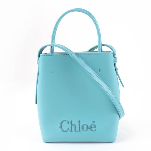 極美品☆Chloe クロエ CHC23UP873I1046K センス マイクロトートバッグ ロゴ刺繍 レザー ショルダーバッグ ブルー 保存袋付き レディース