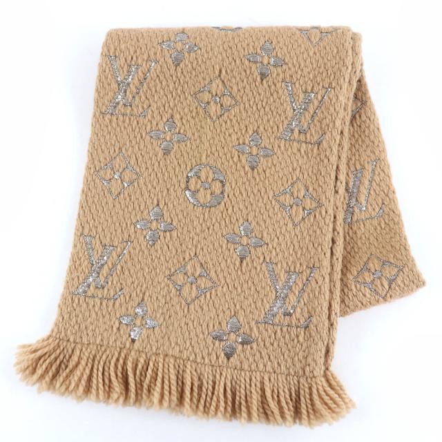 美品☆LOUIS VUITTON ルイヴィトン M75834 エシャルプ・ロゴマニア シャイン ウール シルク フリンジ付 マフラー ベージュ 伊製 正規品