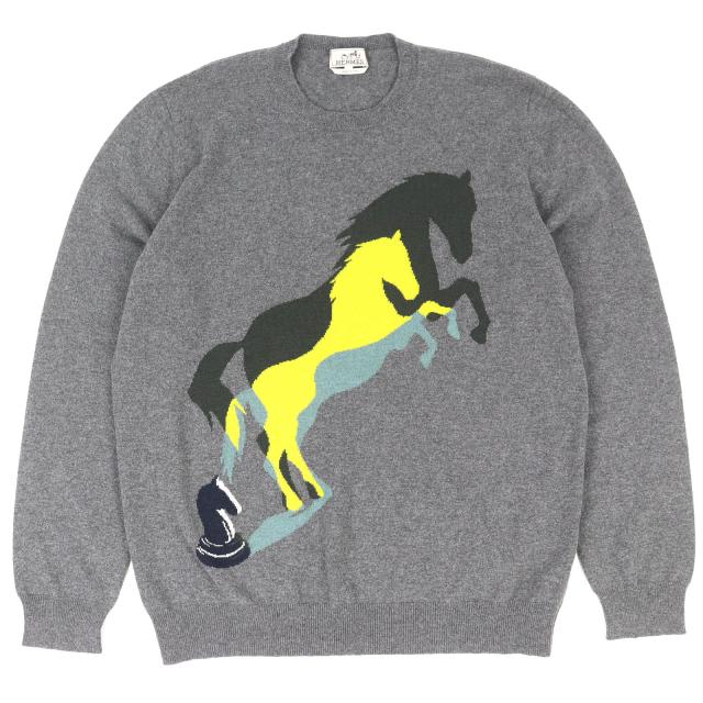 美品△HERMES エルメス 22AW chess and shadow チェス アンド シャドウ カシミヤ100％ 馬 長袖 ニット セーター XXXL 希少サイズ 正規品