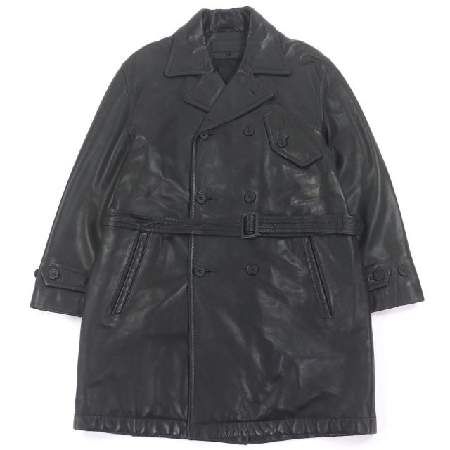 良品□Dunhill ダンヒル ベルテッド ダブルブレスト 中綿入り レザーチェスターコート ロングコート ブラック S スペイン製 正規品
