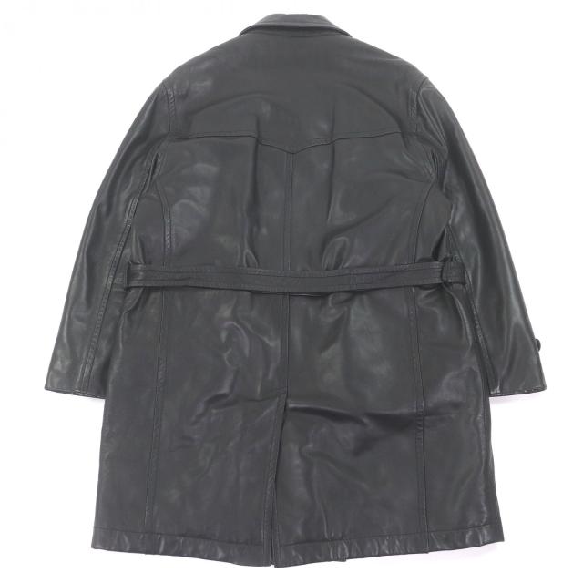 良品□Dunhill ダンヒル ベルテッド ダブルブレスト 中綿入り レザーチェスターコート ロングコート ブラック S スペイン製 正規品_3