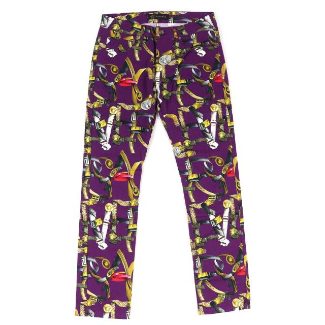 【ドンドン見直し】美品△VERSACE ヴェルサーチ コットン バロック柄 メデューサモチーフ カラー デニムパンツ パープル マルチカラー 31