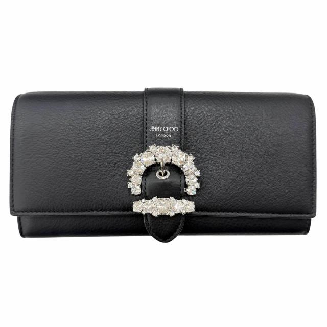 極美品◇JIMMY CHOO ジミーチュウ ラインストーン チェーンストラップ付き レザー ショルダーウォレット 長財布 ブラック 箱・保存袋付き