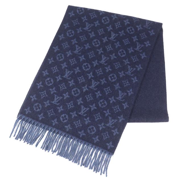 極美品△LOUIS VUITTON ルイヴィトン 2016年製 M70257 エシャルプ モノグラム グラディエント カシミヤ ウール マフラー ネイビー 正規品