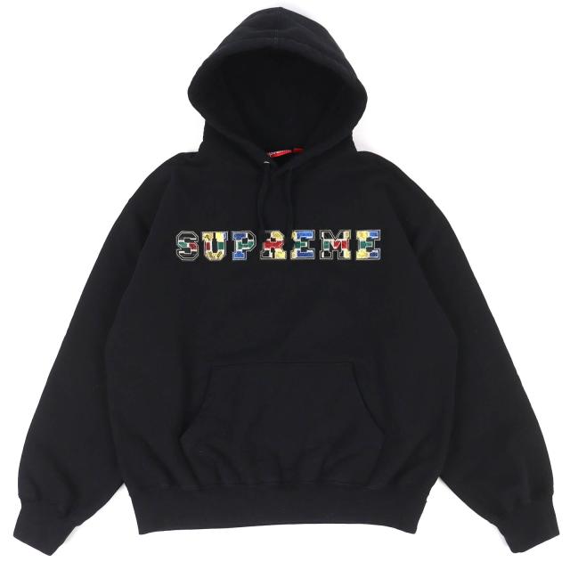 【ドンドン見直し】美品△Supreme シュプリーム FW23SW58 カレッジエイト パッチワークレザー スウェット パーカー ブラック S 正規品