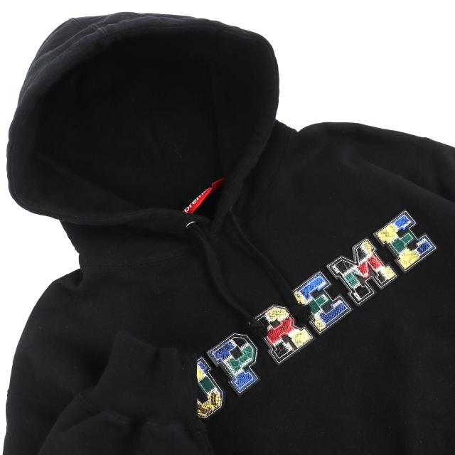 【ドンドン見直し】美品△Supreme シュプリーム FW23SW58 カレッジエイト パッチワークレザー スウェット パーカー ブラック S 正規品_2