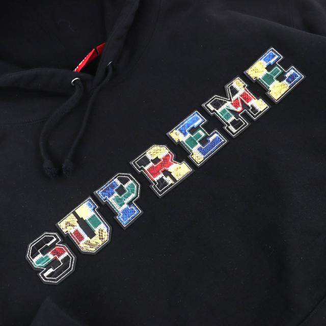 【ドンドン見直し】美品△Supreme シュプリーム FW23SW58 カレッジエイト パッチワークレザー スウェット パーカー ブラック S 正規品_3