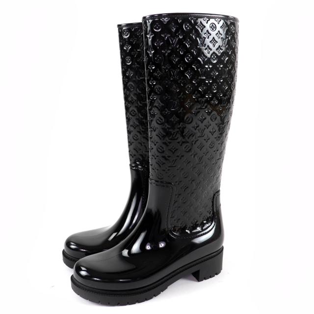 極美品☆LOUIS VUITTON ルイヴィトン スプラッシュ・ライ モノグラム ラバー レインブーツ ロングブーツ ブラック 36 伊製 レディース