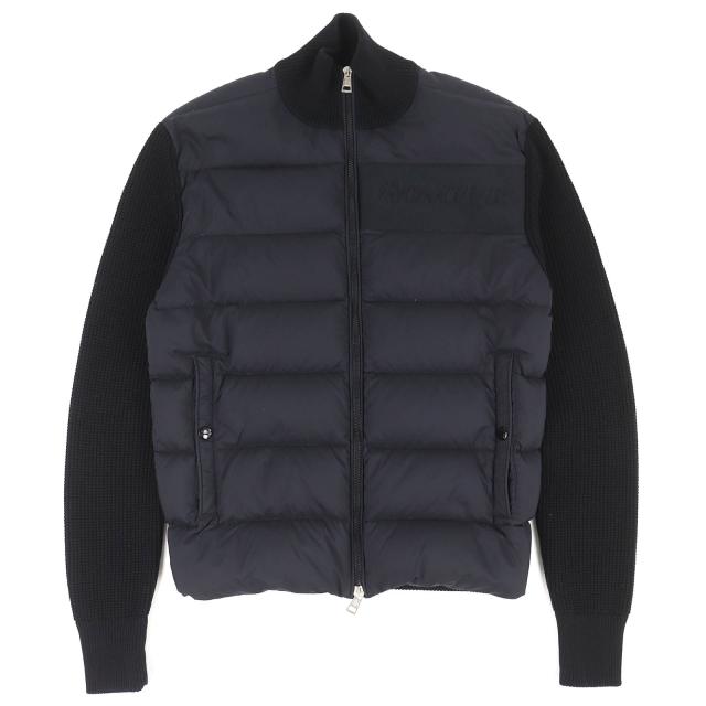 極美品△MONCLER モンクレール CARDIGAN TRICOT フロントロゴ ニット切替 ZIP UP ダウンジャケット ブラック S ブルガリア製 正規品