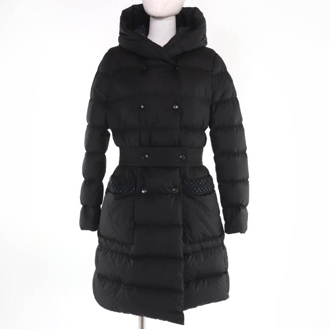 美品☆MONCLER モンクレール 22-23AW AUBIGNY ロゴワッペン・フード付 ダウンコート 黒 0 ハンガー・ガーメント付 正規品　レディース