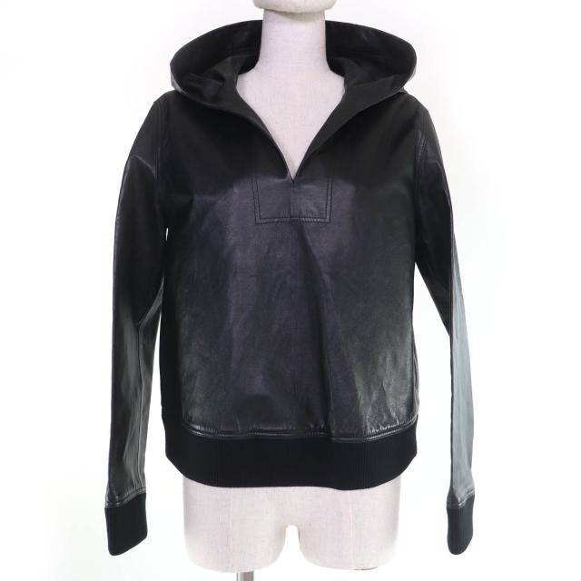 極美品☆BURBERRY バーバリー ニット切替 ラムレザー フード付 パーカー トップス ブラック 38 イタリア製 正規品 レディース