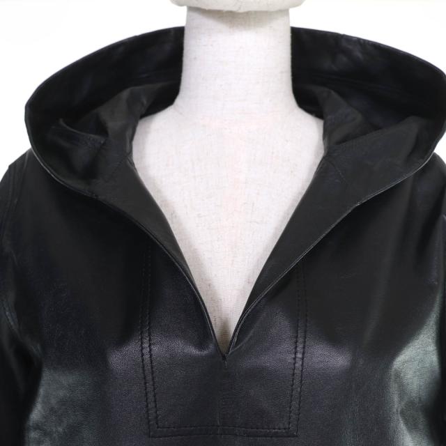 極美品☆BURBERRY バーバリー ニット切替 ラムレザー フード付 パーカー トップス ブラック 38 イタリア製 正規品 レディース