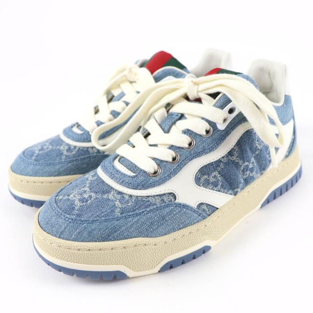 未使用品☆GUCCI グッチ 838831 リウェブ GGデニム レザー ローカットスニーカー インディゴブルー ホワイト 35 イタリア製 レディース