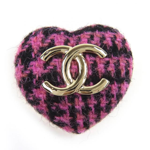 極美品△CHANEL シャネル B22K AB9496 ココマーク ハート型 ツイード ブローチ ピンク ブラック ゴールド金具 箱付き イタリア製