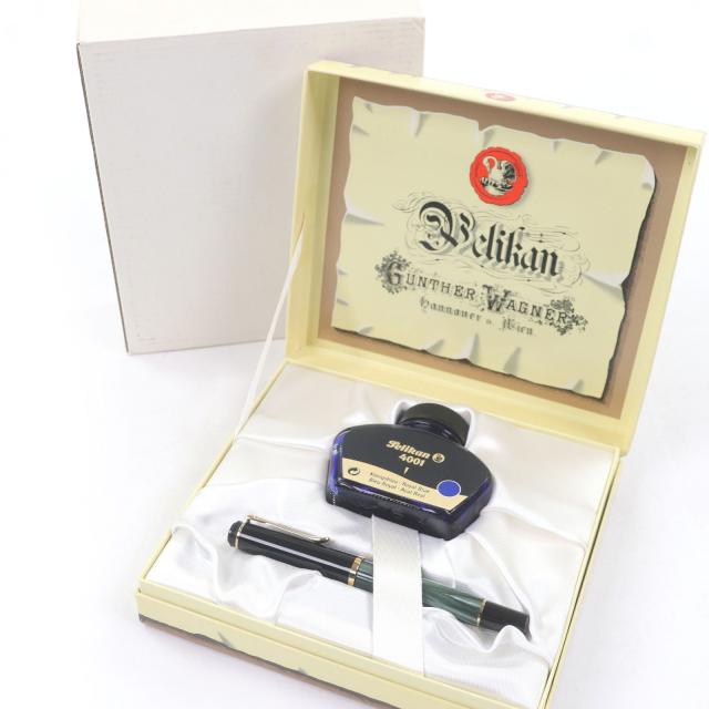未使用品□PERIKAN ペリカン M200 クラシック Fニブ キャップ式 万年筆 ステーショナリー ブラック マーブルグリーン 箱付き ドイツ製_1