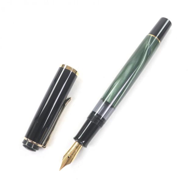 未使用品□PERIKAN ペリカン M200 クラシック Fニブ キャップ式 万年筆 ステーショナリー ブラック マーブルグリーン 箱付き ドイツ製_2