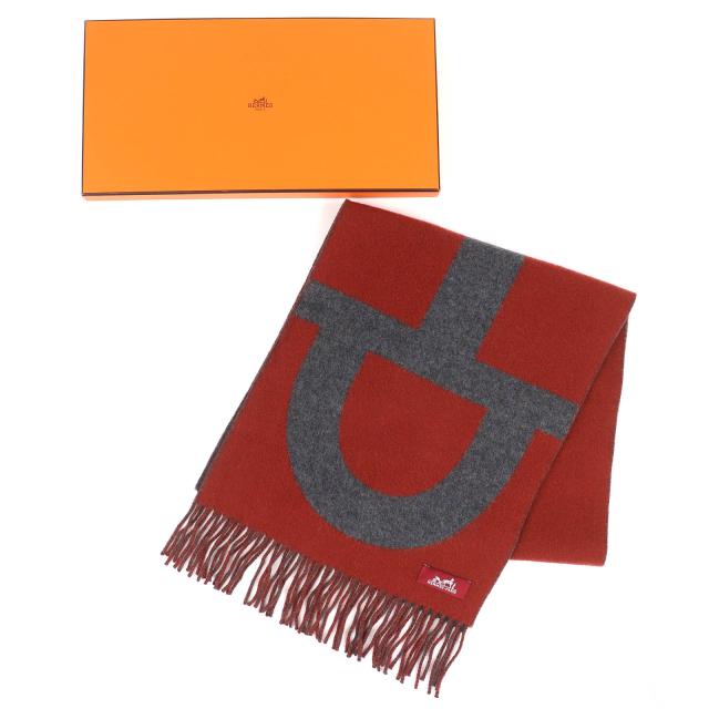 極美品△HERMES エルメス グランモール カシミヤ100％ フリンジ マフラー バイカラー ブラウン グレー 箱付き イギリス製 メンズ レディース HERMES (エルメス) メンズ マフラー カシミヤ100％ フリンジ モール
