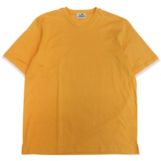 未使用品▲HERMES エルメス 23SS コットン100％ 袖切替デザイン クルーネック 半袖Ｔシャツ オレンジ M イタリア製 正規品 メンズ