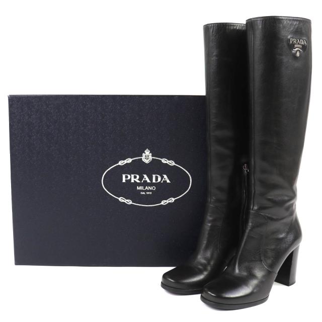 美品△PRADA プラダ ロゴ金具 サイドジップ レザー ロングブーツ チャンキーヒール ブラック 37.5 イタリア製 レディース_1