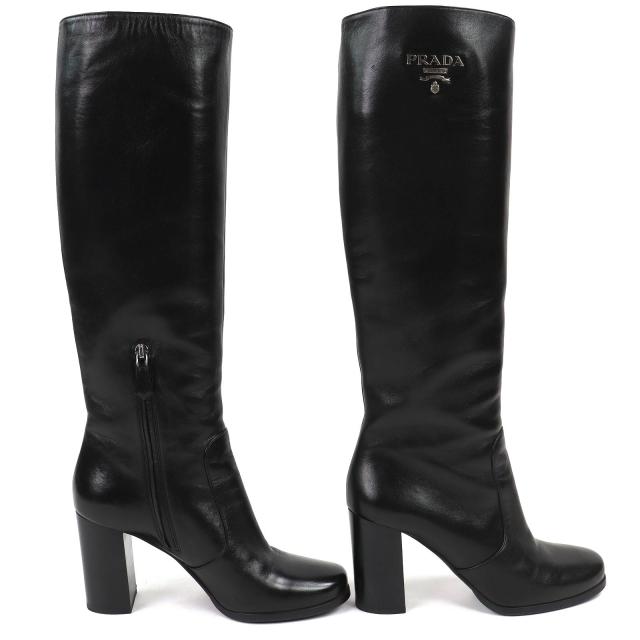 美品△PRADA プラダ ロゴ金具 サイドジップ レザー ロングブーツ チャンキーヒール ブラック 37.5 イタリア製 レディース_3
