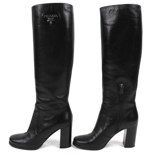 美品△PRADA プラダ ロゴ金具 サイドジップ レザー ロングブーツ チャンキーヒール ブラック 37.5 イタリア製 レディース_2