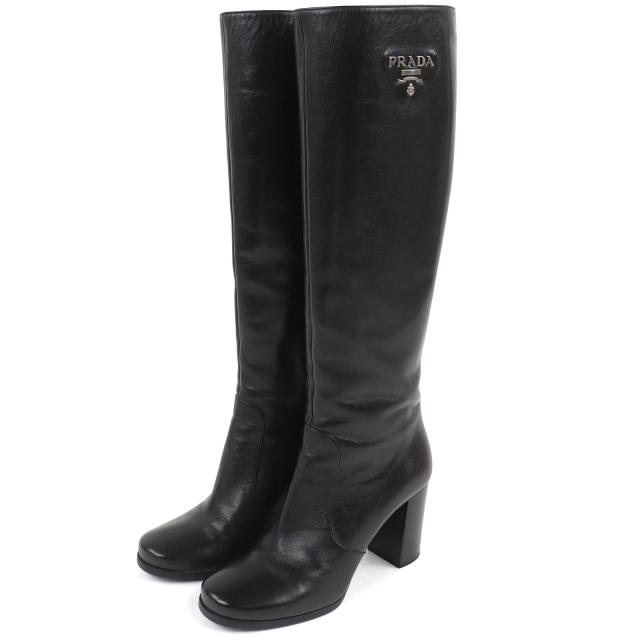 美品△PRADA プラダ ロゴ金具 サイドジップ レザー ロングブーツ チャンキーヒール ブラック 37.5 イタリア製 レディース