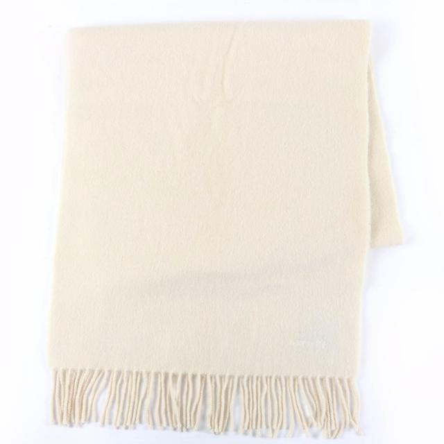美品☆HERMES エルメス レクトヴェルソ カシミヤ100％ ロゴ刺繍 フリンジ付 マフラー アイボリー レディース