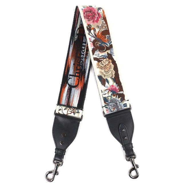 極美品△Christian Dior クリスチャンディオール キャンバス レザー 花柄刺繍 ロゴエンブロイダリー ショルダーストラップ ベージュ 黒