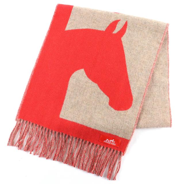 極美品△HERMES エルメス ラブストーリー カシミヤ エカルラート/ベージュ シネ フリンジ マフラー レッド系 ベージュ 英国製 レディース 46,200円