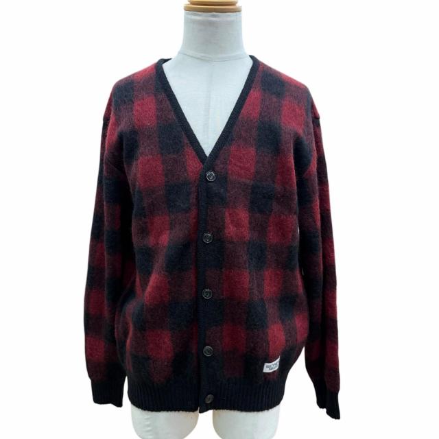 極美品▼WACKO MARIA ワコマリア モヘア ウール チェック柄 Vネック ニット カーディガン レッド ブラック L 日本製 正規品 メンズ
