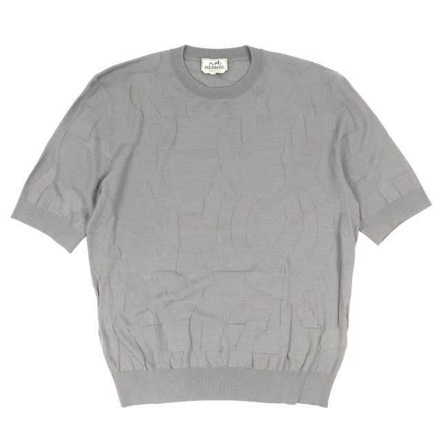 極美品△HERMES エルメス Equestrian Fragments ウール100％ クルーネック 半袖ニット トップス グレー XL イタリア製 正規品 メンズ