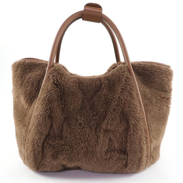 極美品☆Max Mara マックスマーラ テディバッグ アルパカ シルク混 Mロゴ刺繍 レザー使い 2WAY ショルダー ハンドバッグ ブラウン
