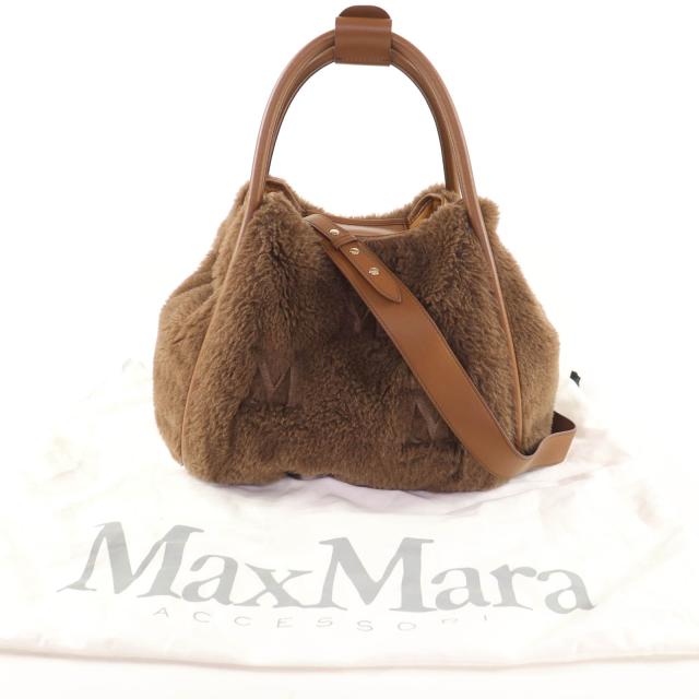 極美品☆Max Mara マックスマーラ テディバッグ アルパカ シルク混 Mロゴ刺繍 レザー使い 2WAY ショルダー ハンドバッグ ブラウン_1