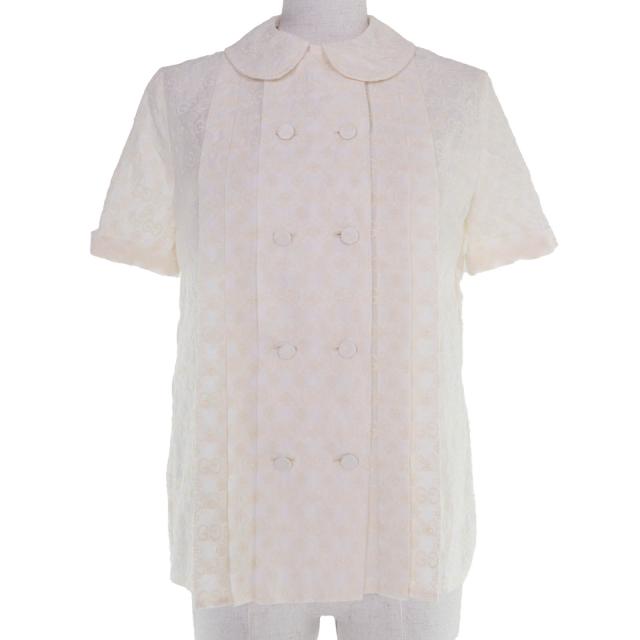 極美品☆GUCCI グッチ 627402 コットン GG・フラワー刺繍入り 半袖シャツ ブラウス アイボリー 36 イタリア製 正規品 レディース