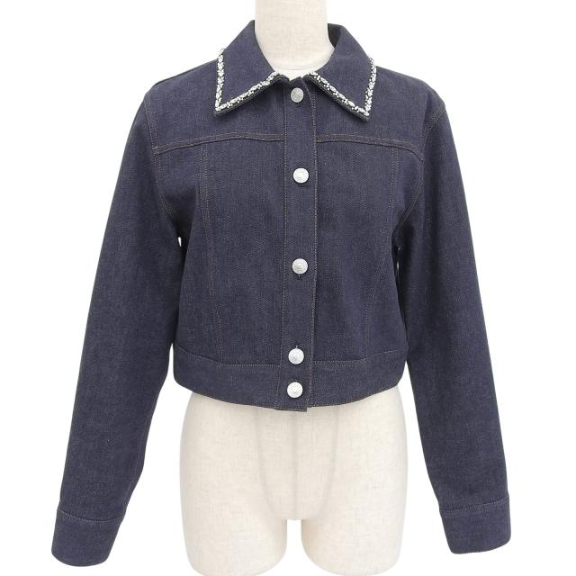 極美品▲FOXEY フォクシー 2024年製 44222 Winston Jacket コットン 襟ビジュー付 デニムジャケット インディゴブルー 38 日本製 正規品