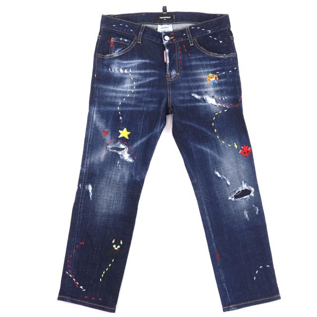 美品◇DSQUARED2 ディースクエアード 23AW S75LB0830 レザーパッチ付き コットン デニムパンツ インディゴブルー 36 イタリア製 正規品