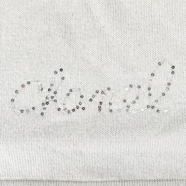 極美品▲CHANEL シャネル カシミヤ スパンコール装飾 ロゴデザイン ラメ ストール マフラー ホワイト イタリア製 レディース_3