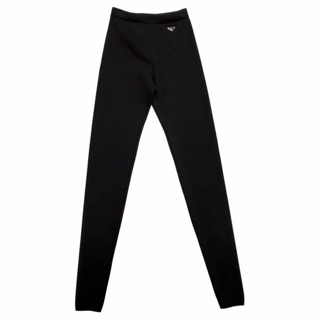 【ドンドン見直し】極美品◇PRADA プラダ 22225 レザー使い 三角プレートロゴ ニット パンツ レギンス 36 イタリア製 正規品 レディース