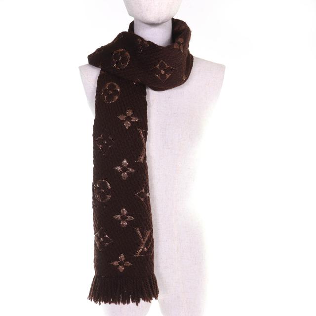 美品△LOUIS VUITTON ルイヴィトン M71383 エシャルプ ロゴマニア シャイン ウール シルク マフラー マロン ブラウン イタリア製 正規品_2
