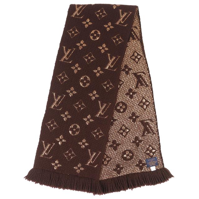 美品△LOUIS VUITTON ルイヴィトン M71383 エシャルプ ロゴマニア シャイン ウール シルク マフラー マロン ブラウン イタリア製 正規品_1