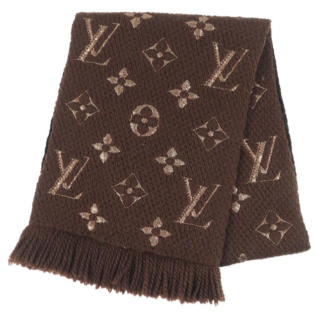 美品△LOUIS VUITTON ルイヴィトン M71383 エシャルプ ロゴマニア シャイン ウール シルク マフラー マロン ブラウン イタリア製 正規品